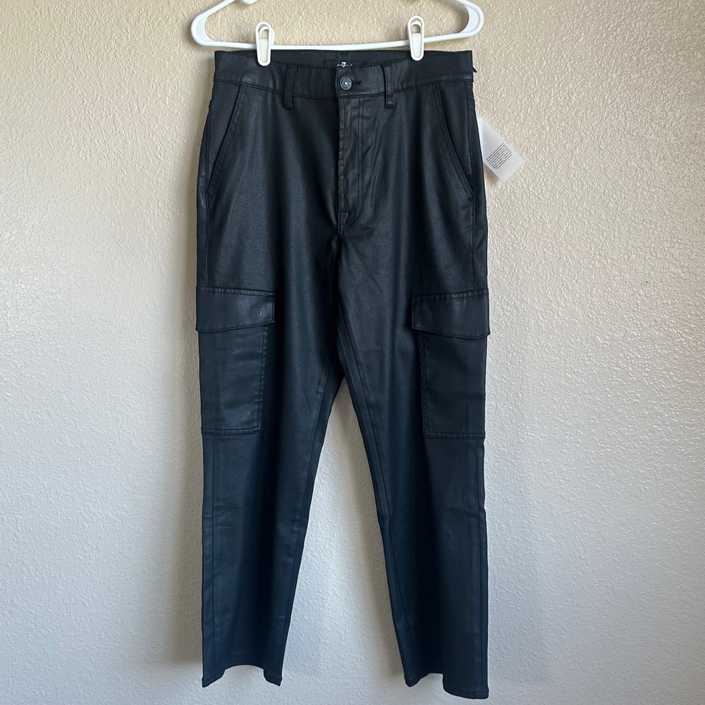 7 For All Mankind‎ Cargo Logan Coated Black Waxed Straight WideLeg Pants 27 NEW